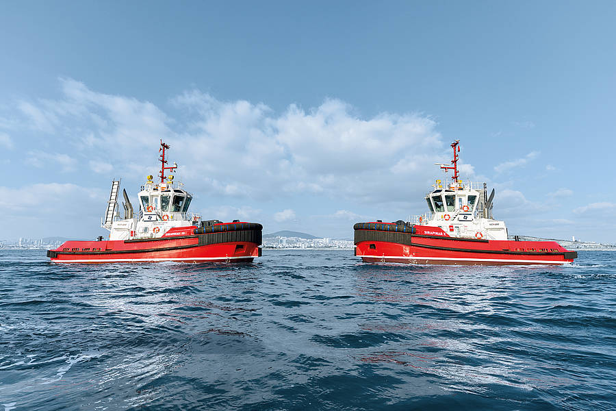 Two tugs of the current Sirapinar tugboat class series for Svitzer with SCHOTTEL RudderPropellers (2 x SRP 360 each with 1500kW) 